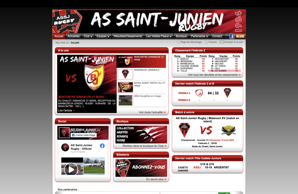 Home actuel du site internet de l'ASSJ Rugby