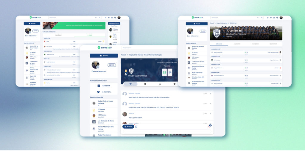 les nouvelles interfaces du site connecté de Score'n'co avec un exemple de page d'accueil, page live et page club